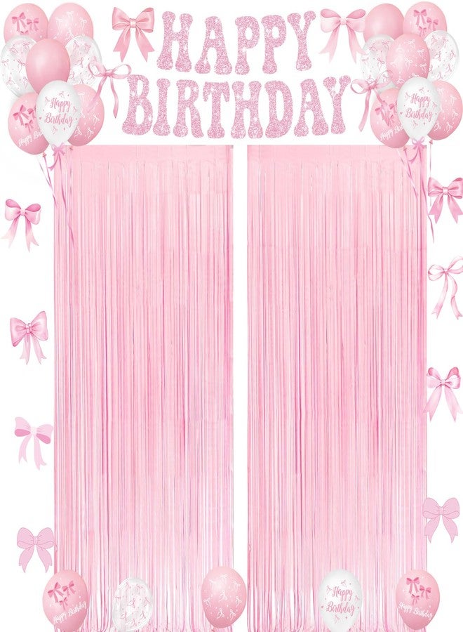 LINHAXM Pink Bow Birthday Decorations - 2 Pack Pink Bow Foil Fringe Curtains, Banner, and Balloons for Girls Bow Birthday, Baby Shower, Bachelorette, Bridal Shower Party Decor, 3.2ft x 8.2ft - Image 1